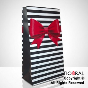 BOLSITA PAPEL BLANCA A RAYAS NEGRA CON MO�O ROJO 12X24CM x 10